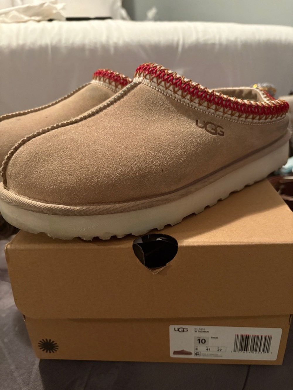 UGG Chestnut Mule Slippers with Red Trim